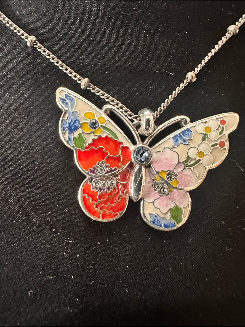 Silver Butterfly Pendant Necklace with Red & Pink Floral Enamel
